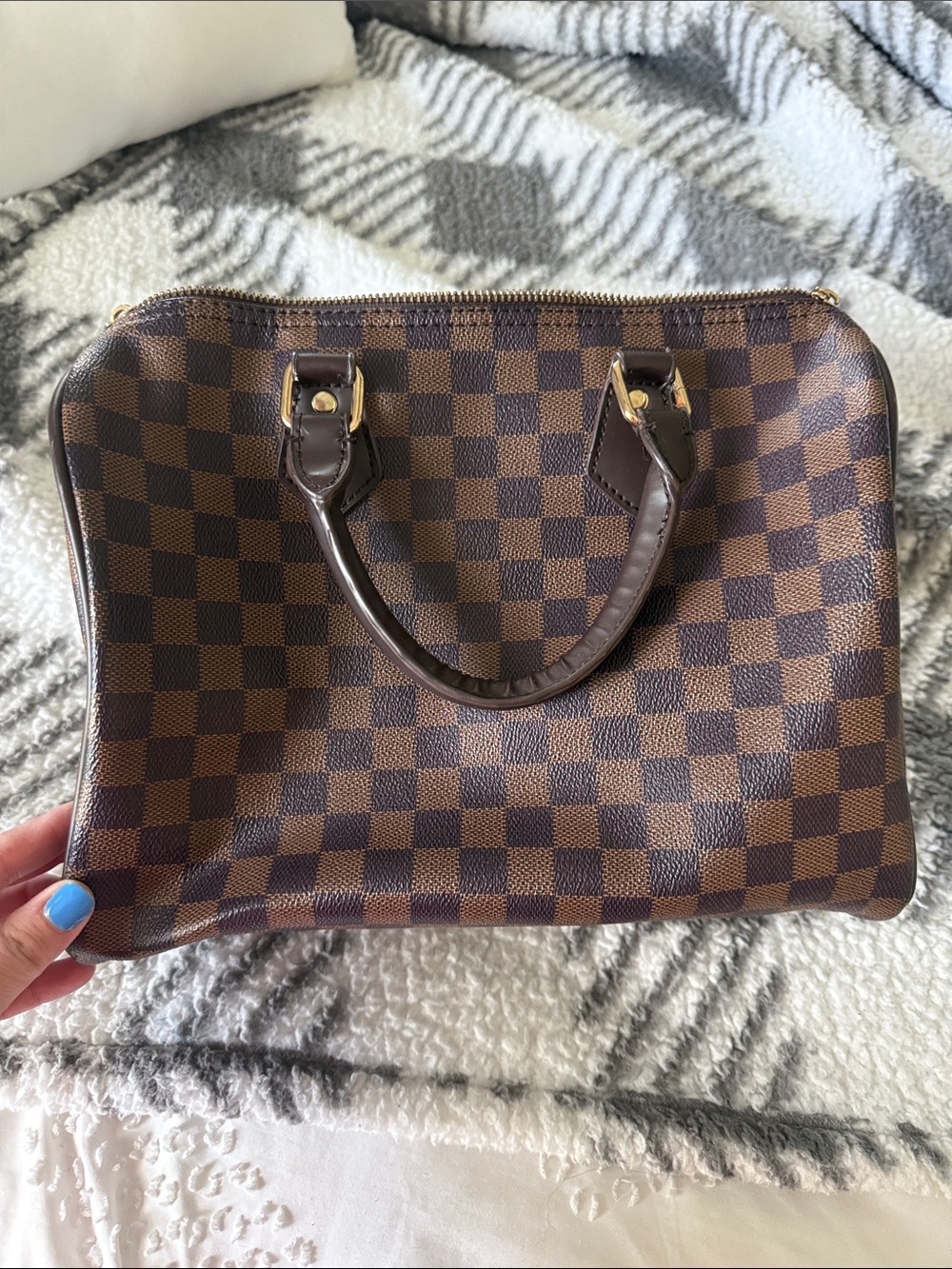 Classic Brown Checker Leather Top-Handle Women's Bag - Picture 2 of 5